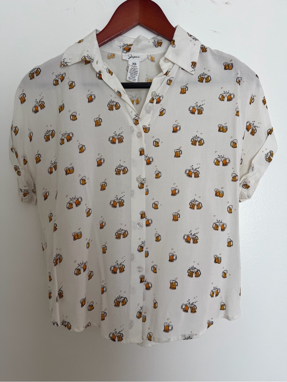 Joyous Beer Mug Print Button-Up Blouse — Cream & Amber